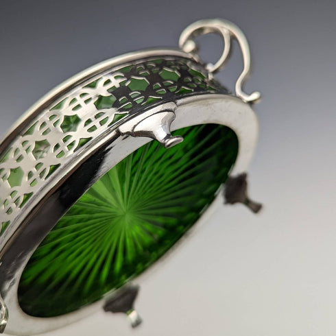 英國古董黃油盤銀盤和綠色玻璃內膽